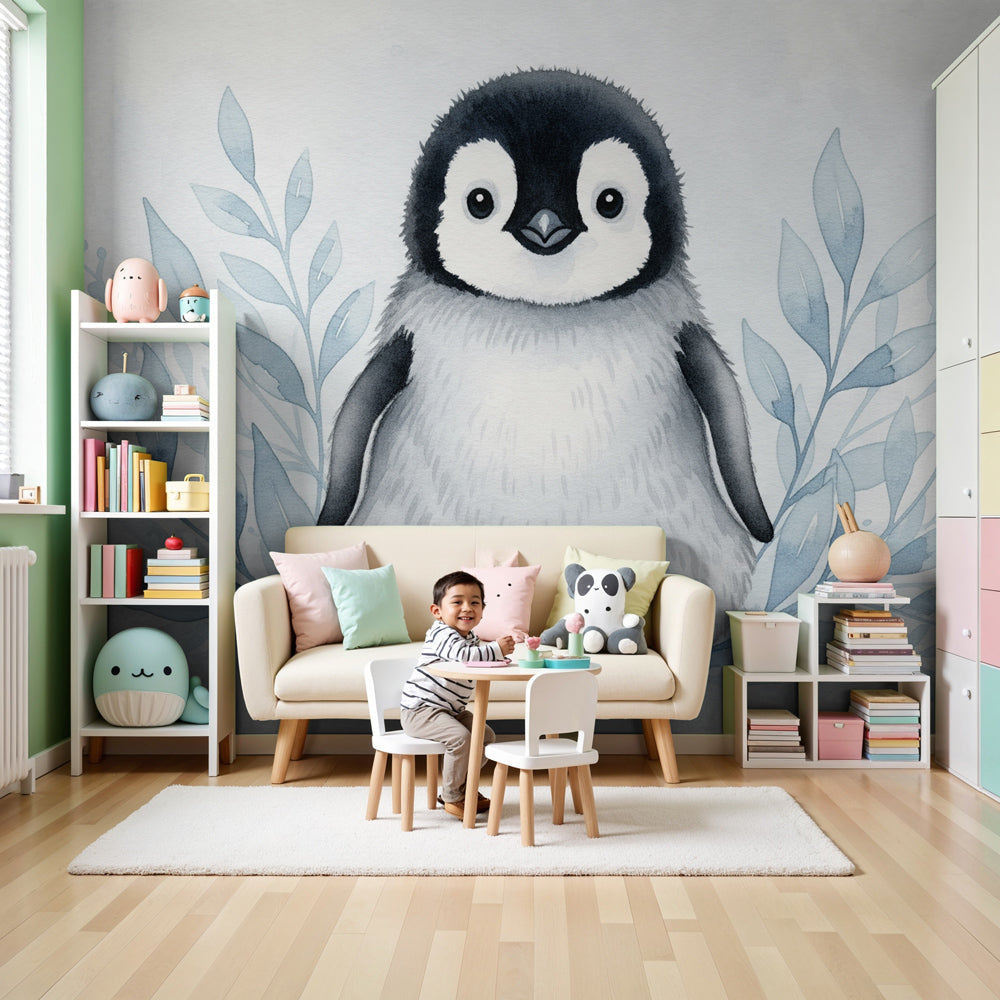 Penguin aquatic foliage mural wallpaper in modern nursery with white furniture by Kids-Mundo