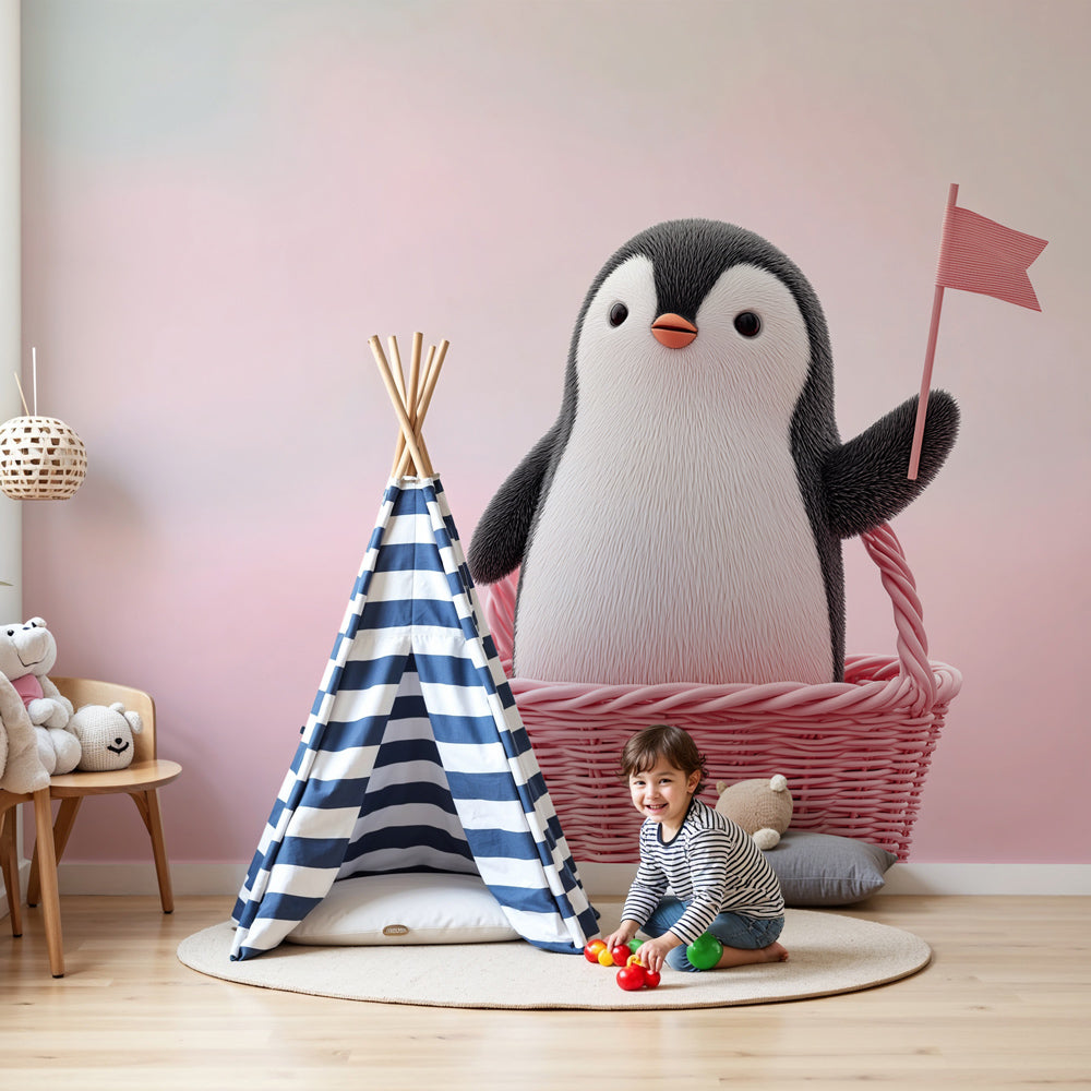 Penguin mural wallpaper in soft pink baby nursery with white crib by Kids-Mundo