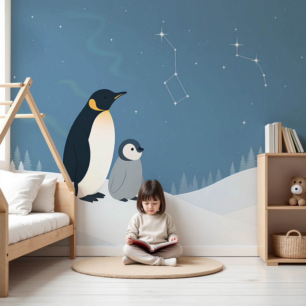 Penguin mural wallpaper with starry winter scene in modern children's bedroom by Kids-Mundo