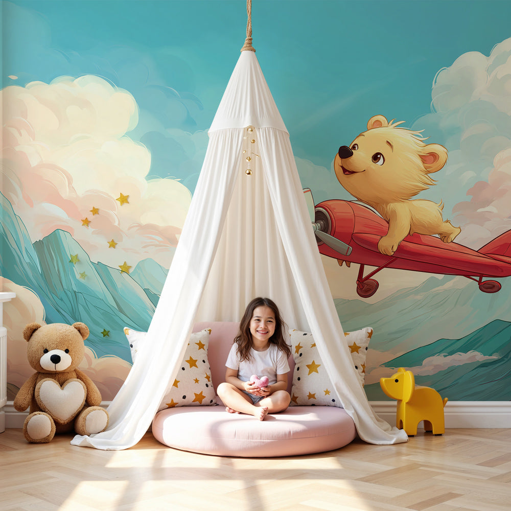 Pilot bear flying adventure mural wallpaper in modern nursery room by Kids-Mundo