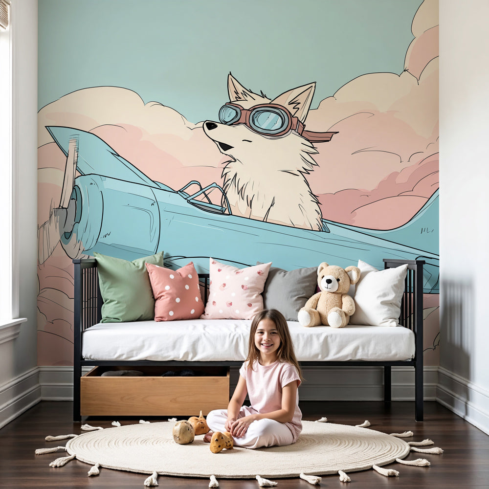 Pilot dog aviation mural wallpaper creating dreamy nursery decor with pastel clouds by Kids-Mundo