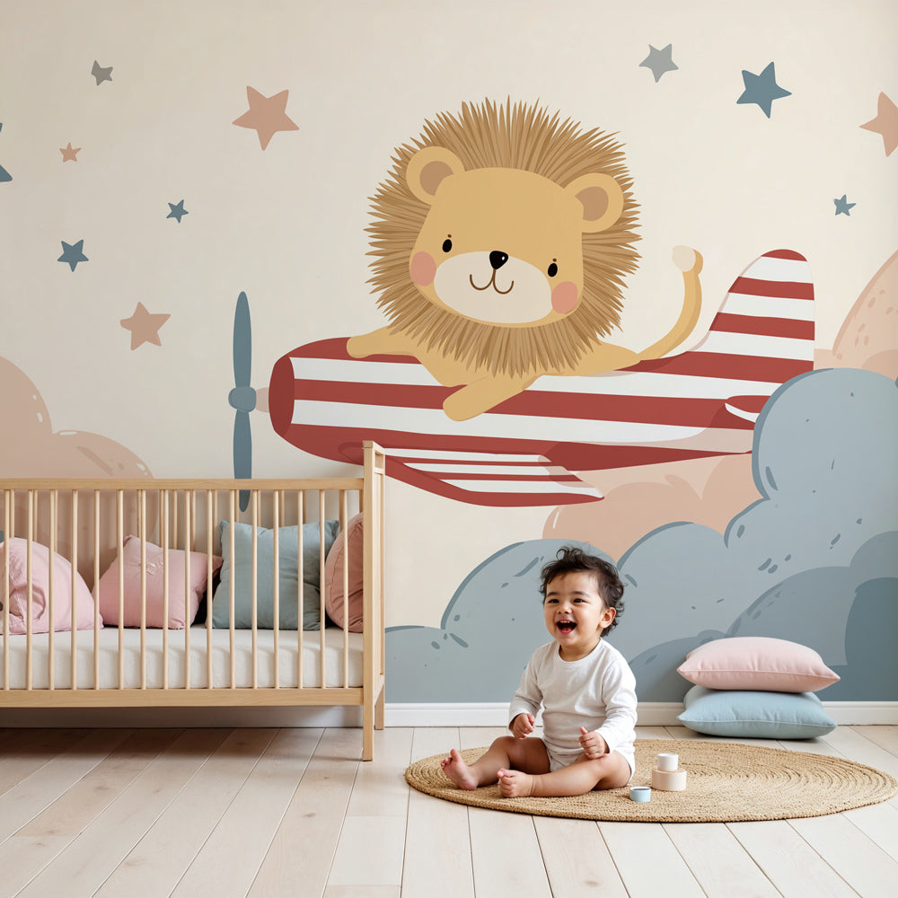 Pilot lion airplane mural wallpaper decorating modern nursery with clouds and stars by Kids-Mundo