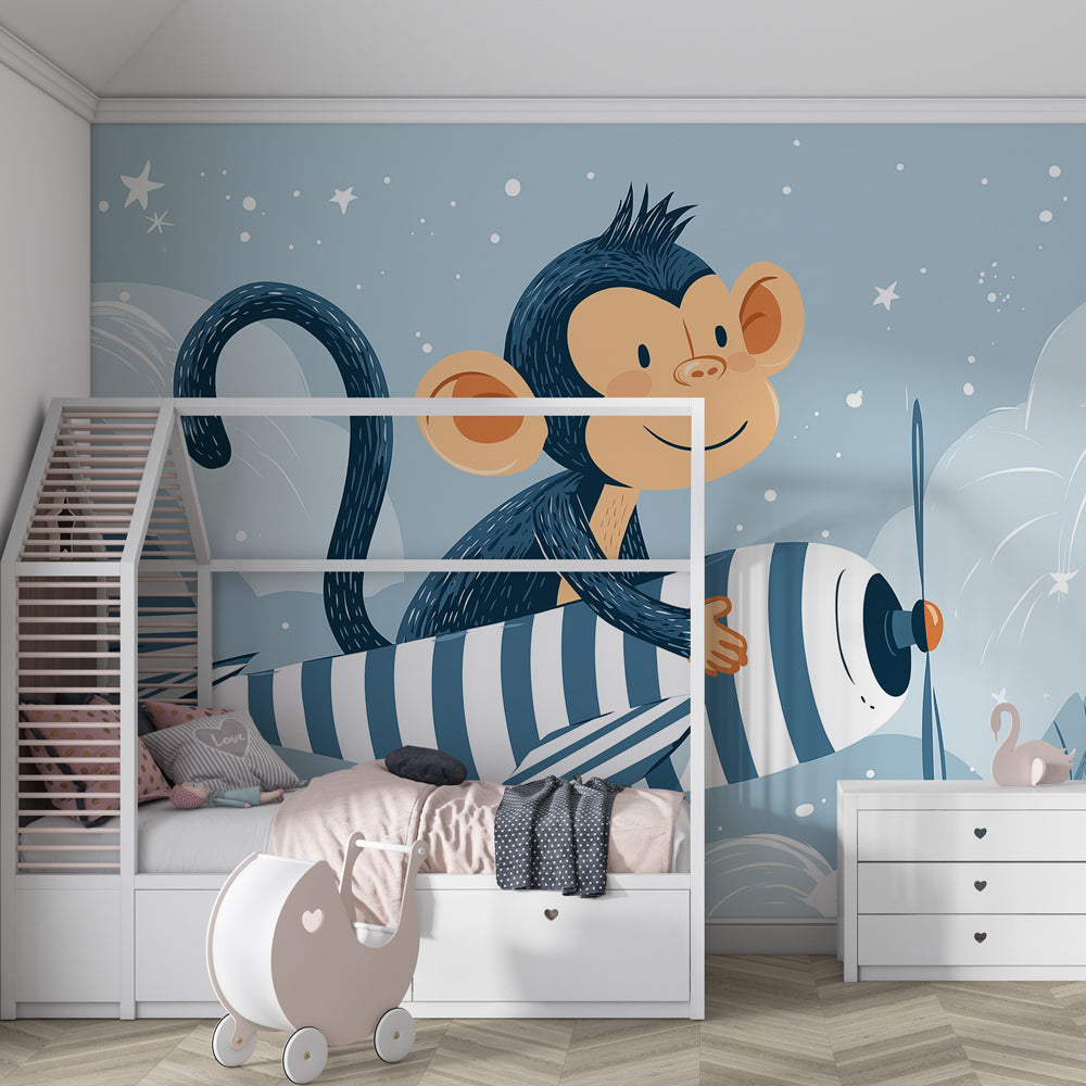 Adventure monkey airplane wallpaper creating magical kids bedroom atmosphere with stars and clouds