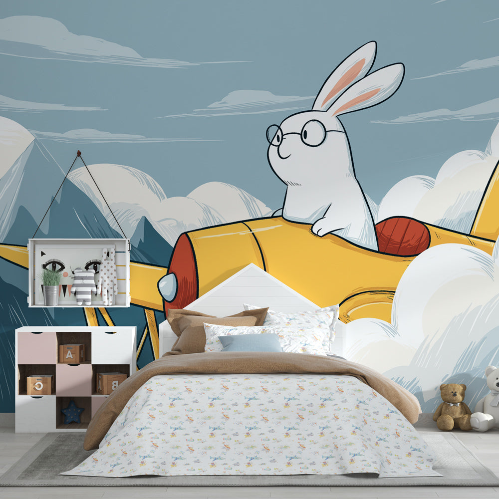 Aviation themed rabbit pilot wallpaper creating adventure atmosphere in children's bedroom
