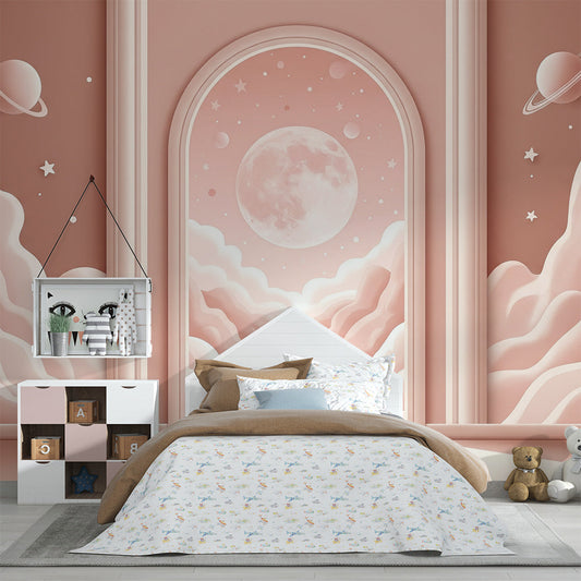 Kids-Mundo pink archway mural on a kids bedroom wall, with a glowing moon and small ringed planets
