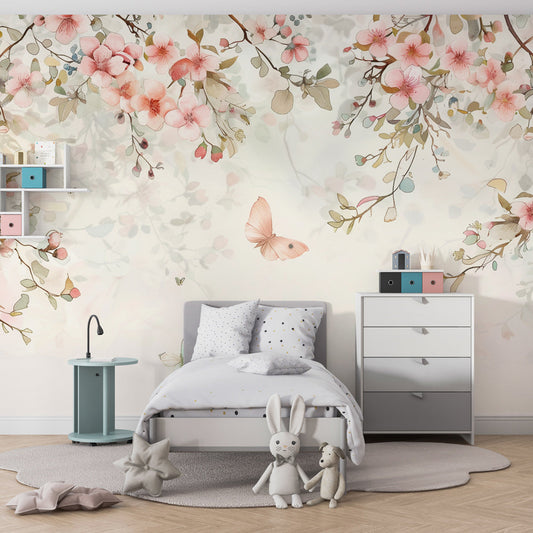 Kids-Mundo blossom and butterfly wall mural decorating a girl's bedroom wall