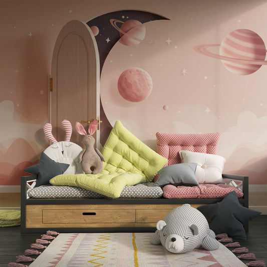 Kids-Mundo crescent moon and planets wall mural as a feature wall in a kids bedroom