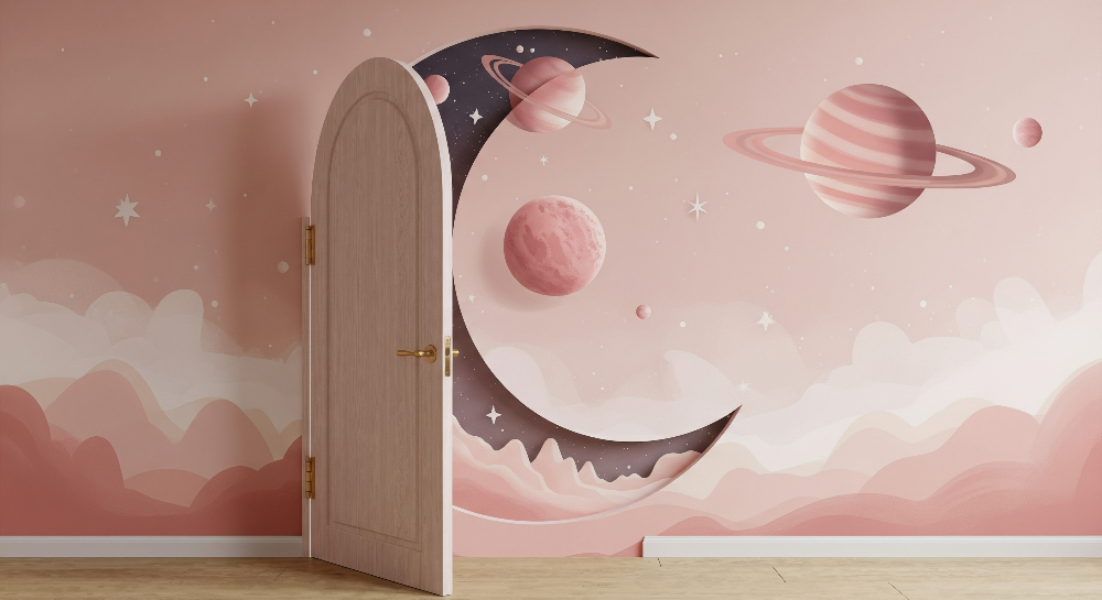 Pink Crescent Moon Space Wall Mural