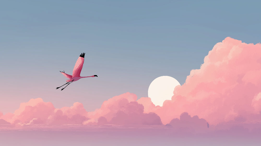 Detailed pink flamingo mural wallpaper design pattern with pastel sky by Kids-Mundo