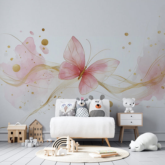 Kids-Mundo gold and pink butterfly wall mural shown as a feature wall in a girl's bedroom