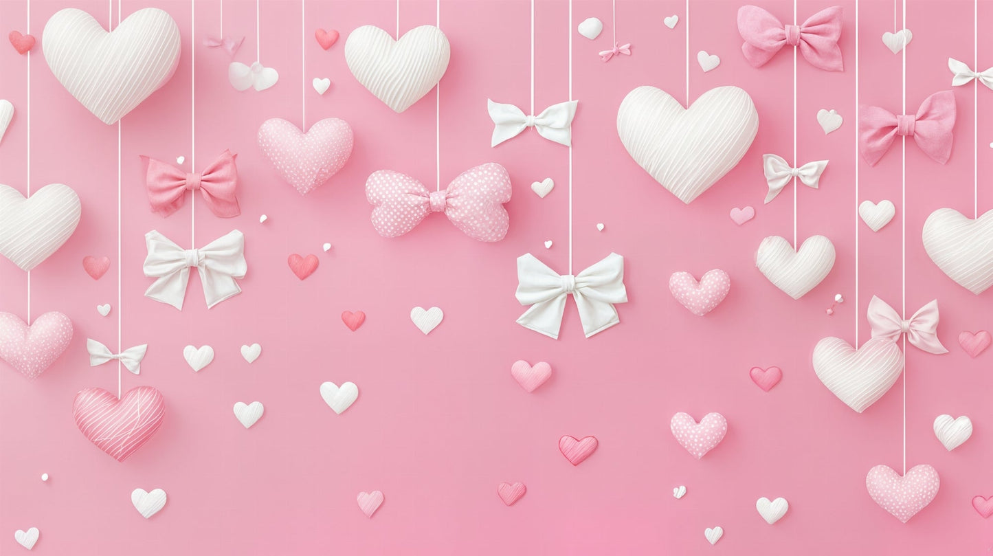Kids-Mundo flat artwork of hanging pink and white hearts with ribbon bows on a pink backdrop.