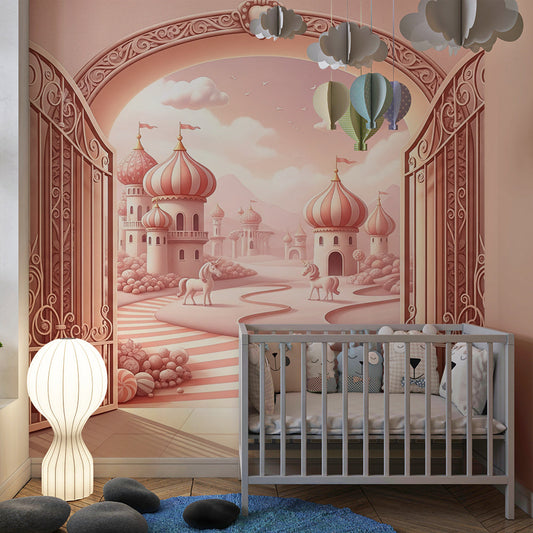 Kids-Mundo unicorn wall mural with palace gates and domed towers shown on a kids bedroom wall.