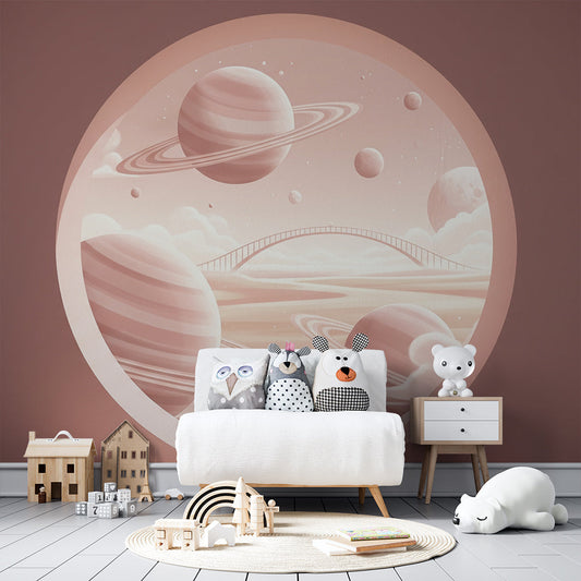 Kids-Mundo pink planet portal mural on a kids bedroom wall, with a soft bridge over pastel clouds