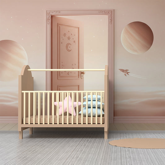 Kids-Mundo pink door planets and rocket mural as a feature wall in a kids bedroom