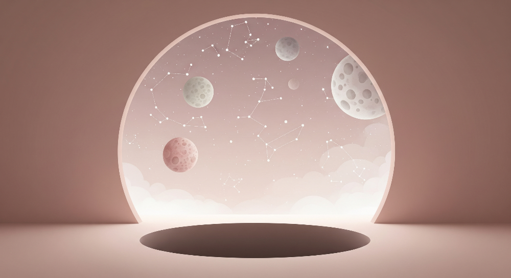 Blush Pink Space Portal with Moons and Constellations Wall Mural