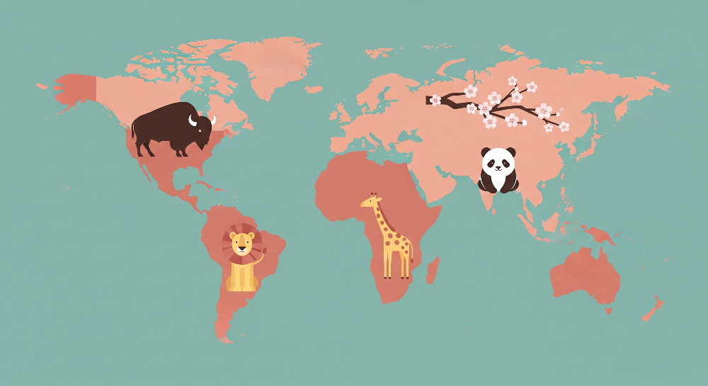 Kids-Mundo pink and teal world map artwork featuring bison, lion, giraffe and panda