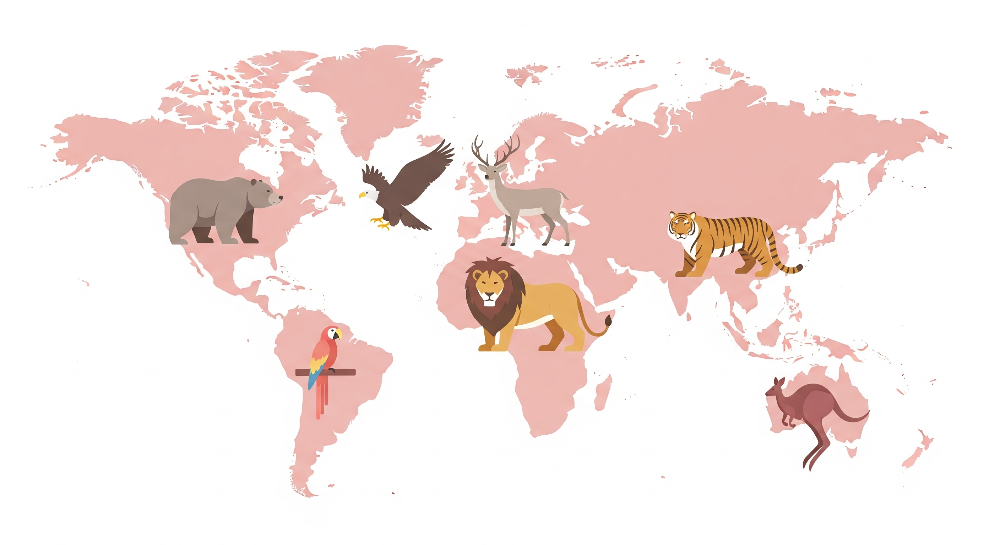 Blush Pink World Map with Wild Animals Wall Mural