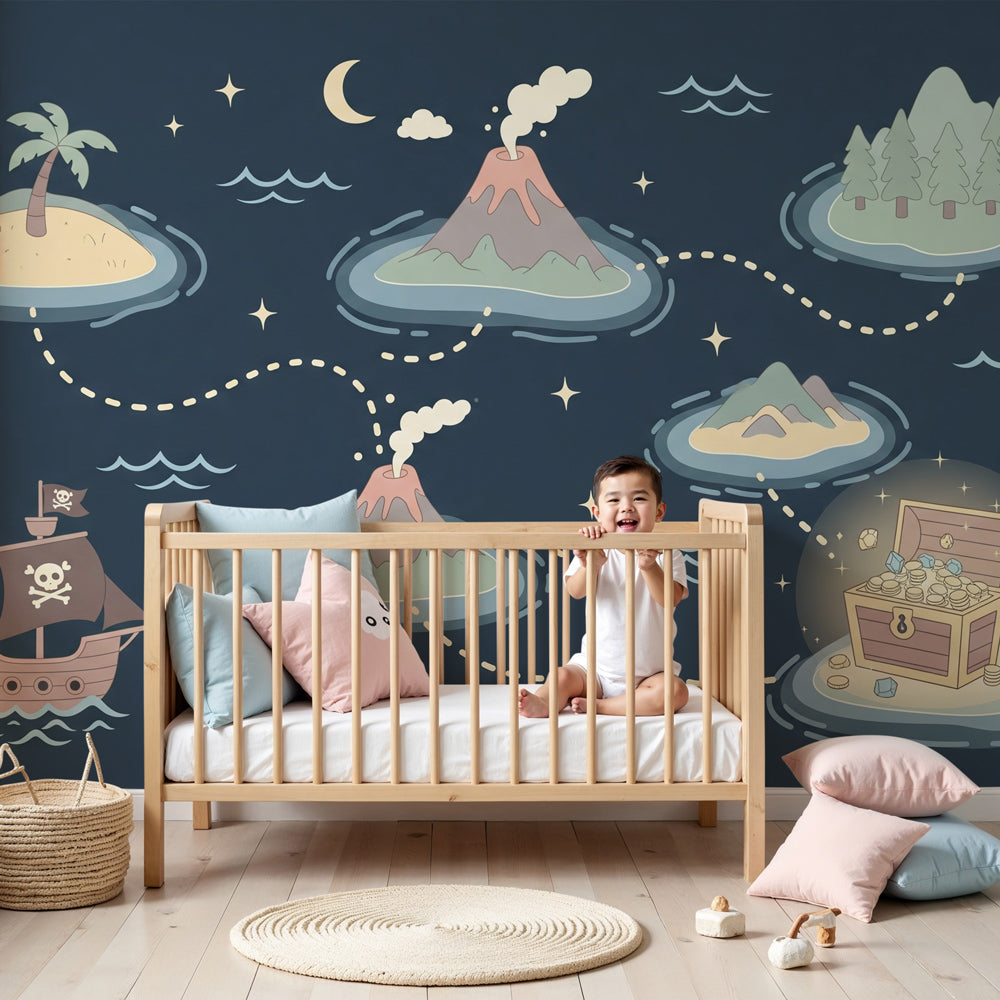 Pirate adventure mural wallpaper in modern kids bedroom with treasure island theme by Kids-Mundo