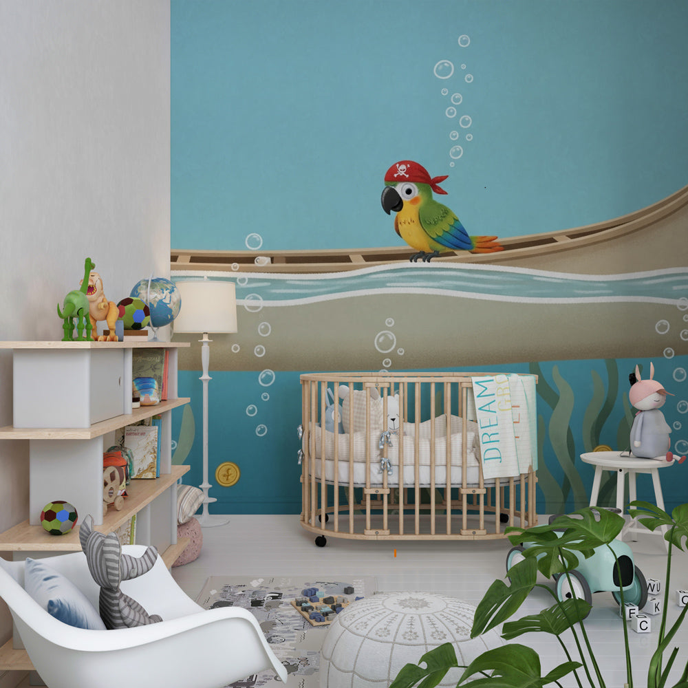 Underwater pirate theme mural wallpaper creating maritime adventure atmosphere in children's bedroom