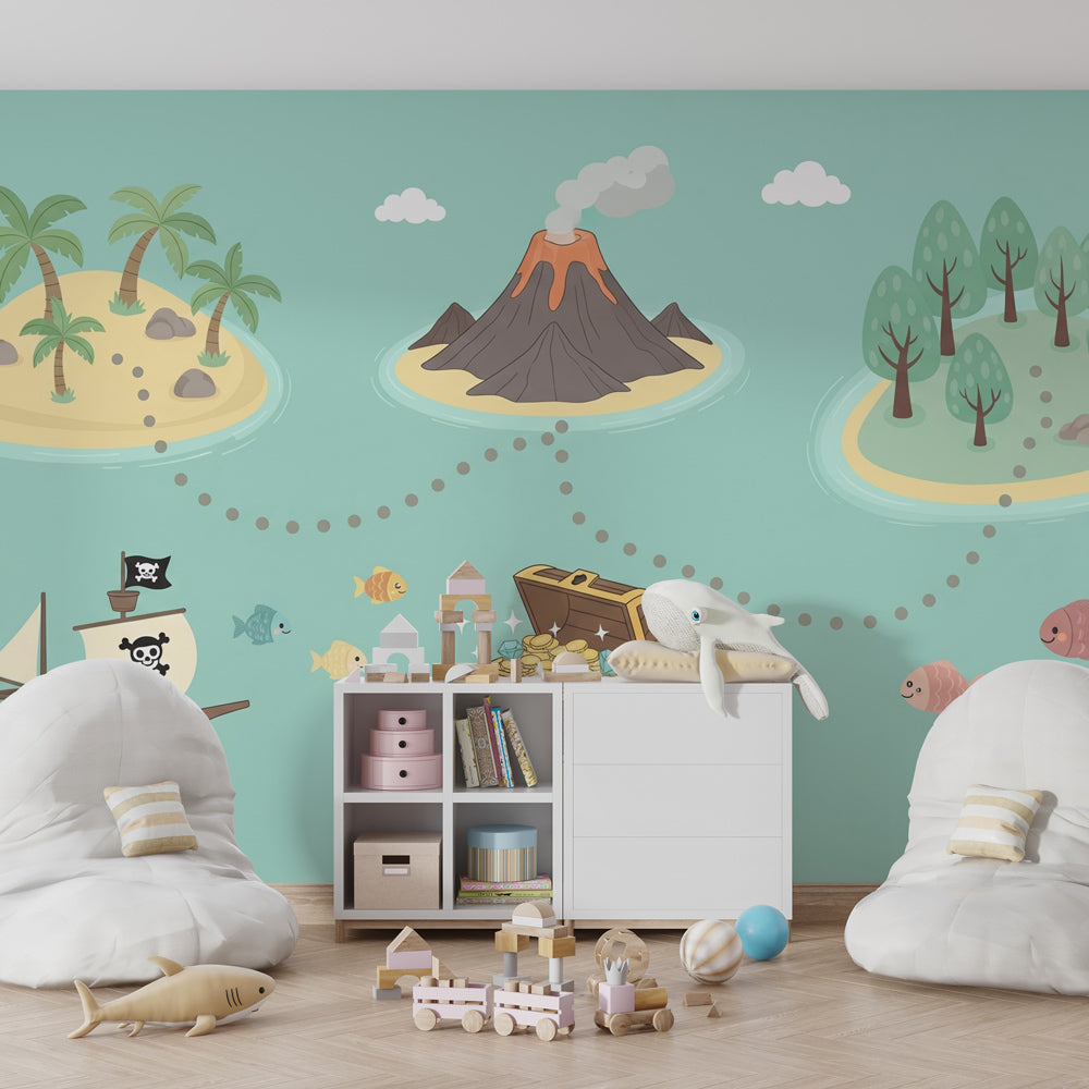 Treasure island pirate wallpaper transforming children's bedroom into adventure playground by Kids-Mundo