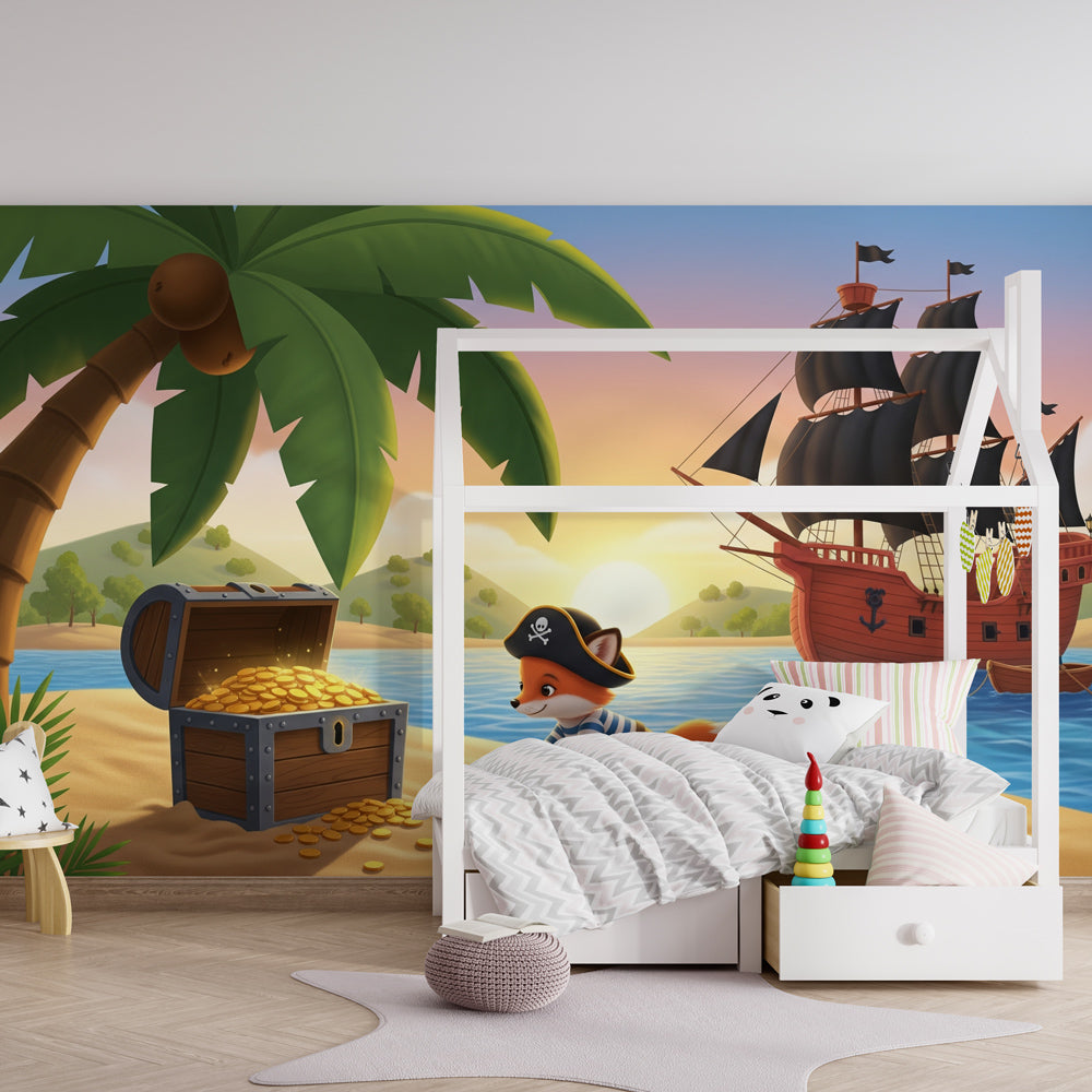 Fox pirate wallpaper creating adventurous atmosphere in child's bedroom with tropical island theme