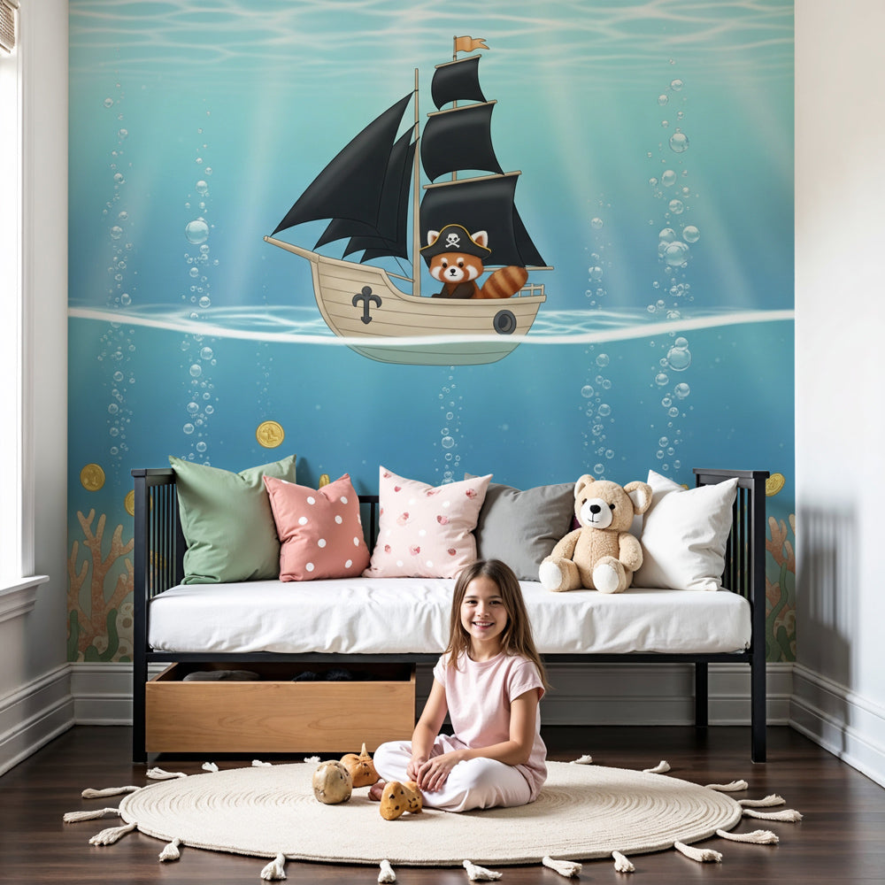 Underwater pirate adventure mural wallpaper featuring red panda in modern nursery by Kids-Mundo