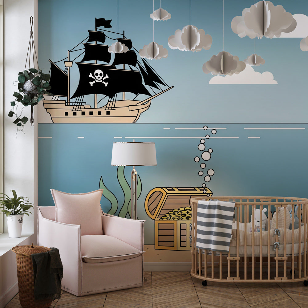 Underwater treasure pirate wallpaper creating magical nursery decor with ship and treasure chest