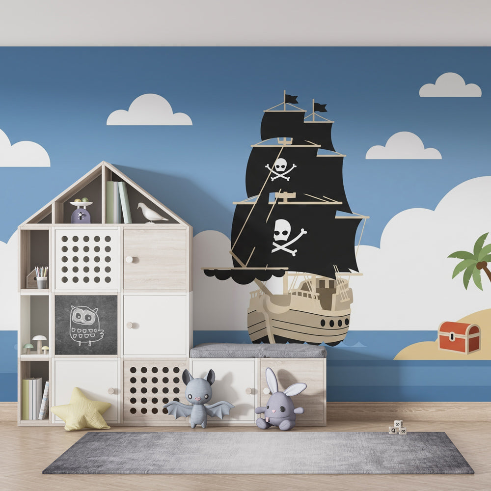 Ocean pirate ship wallpaper transforming nursery into adventure themed kids room by Kids-Mundo