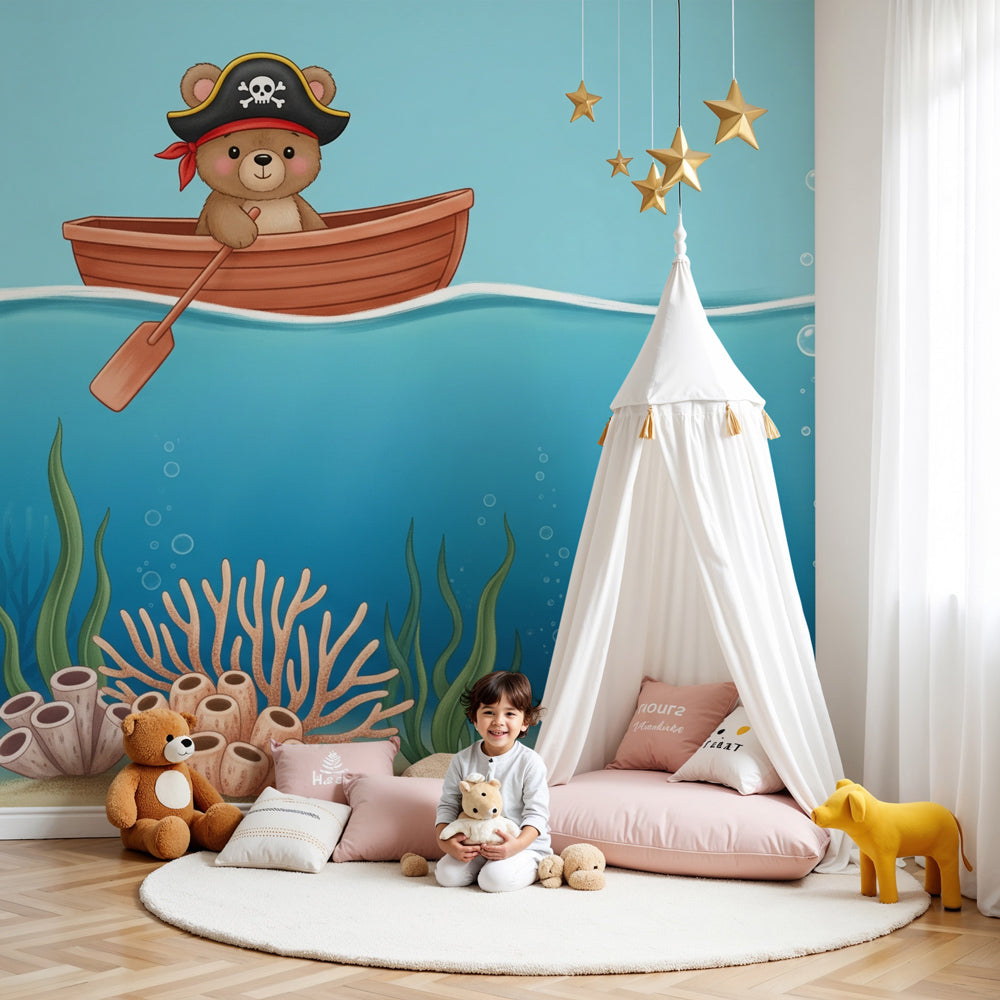 Pirate bear mural wallpaper creating ocean adventure theme in modern kids nursery by Kids-Mundo