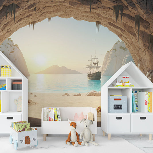 Kids-Mundo pirate cove wallpaper mural in a boy's bedroom, bringing a sunlit cave and ship into view.