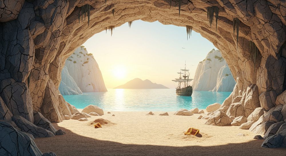 Pirate Ship Cove Seen Through a Cave Arch Wall Mural