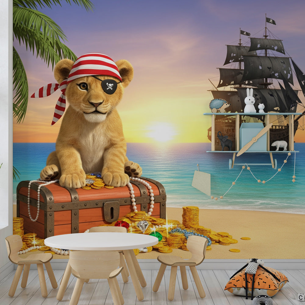Adventure pirate wallpaper creating exciting playroom decor with lion character and tropical beach scene