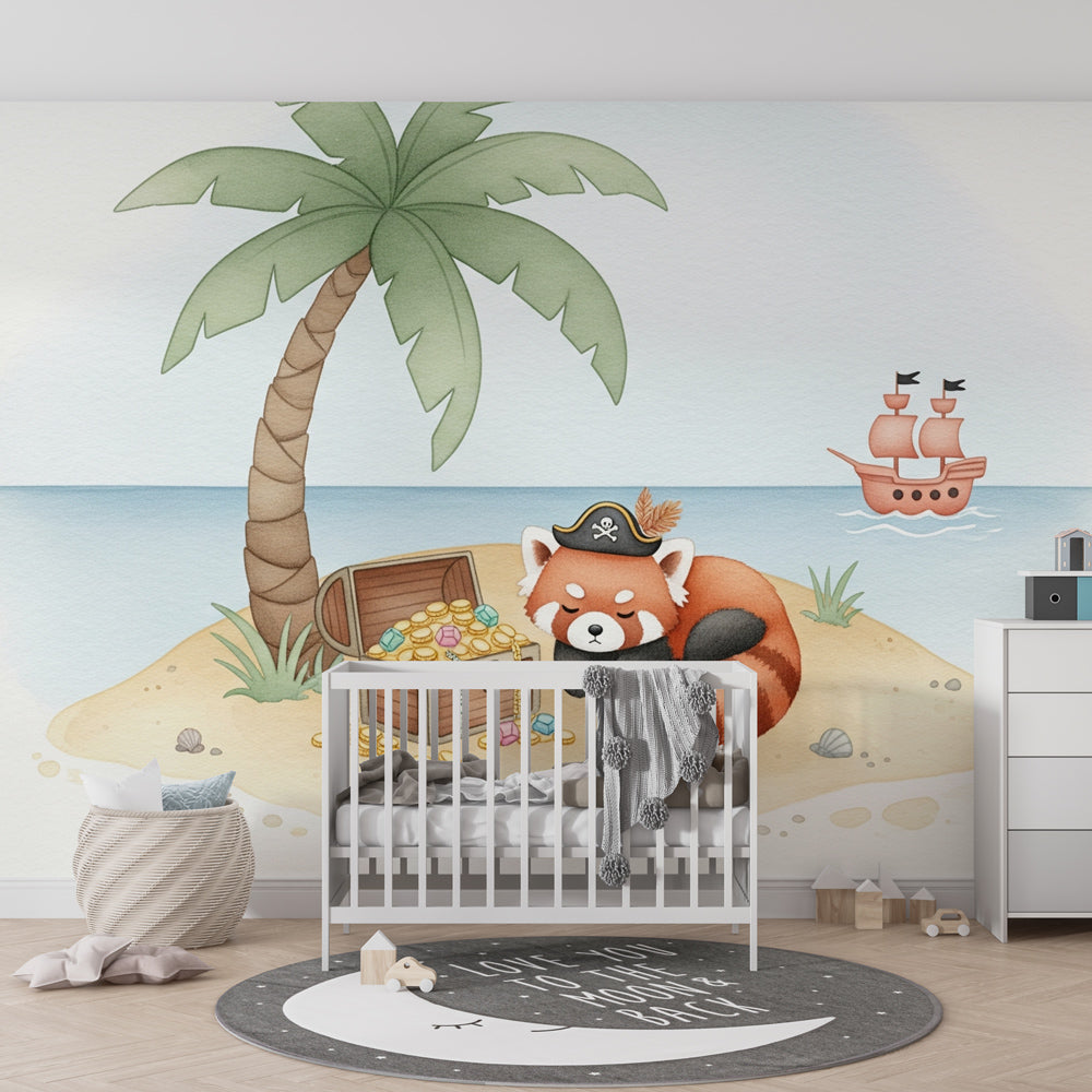 Red panda pirate wallpaper transforming kids bedroom into tropical adventure space with palm trees