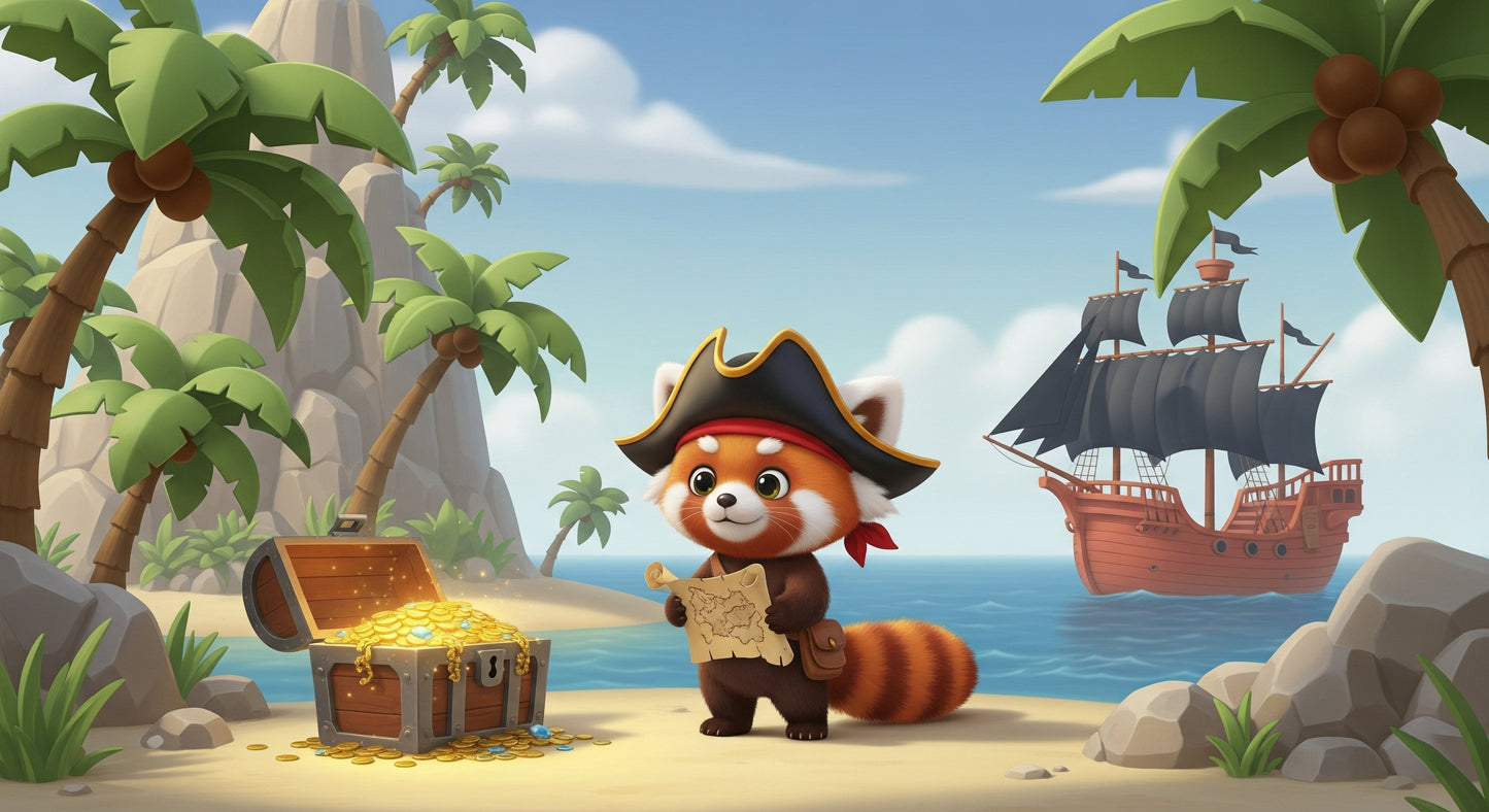 Detailed pirate panda mural wallpaper design pattern showing treasure hunt beach scene by Kids-Mundo