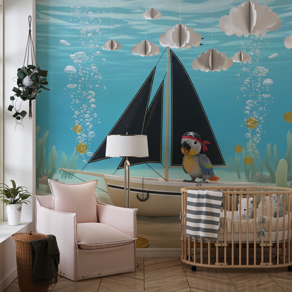 Underwater pirate themed mural wallpaper creating adventurous nursery atmosphere with treasure boat scene