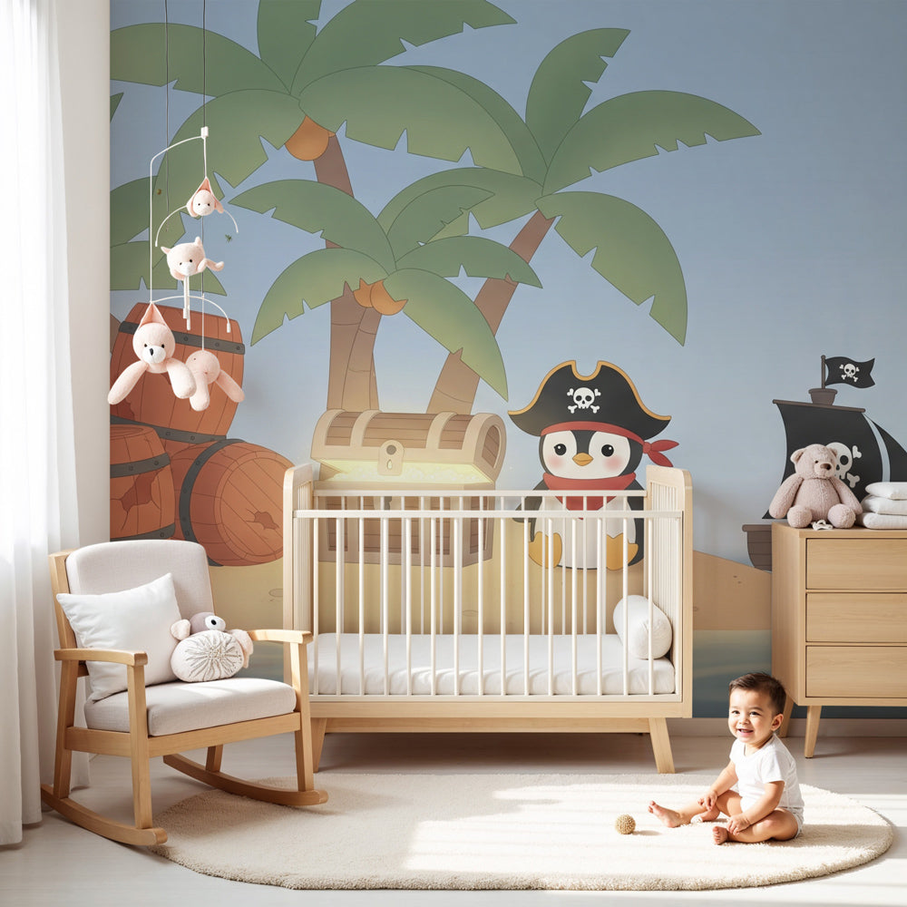 Pirate penguin mural wallpaper in modern nursery creating tropical adventure theme by Kids-Mundo