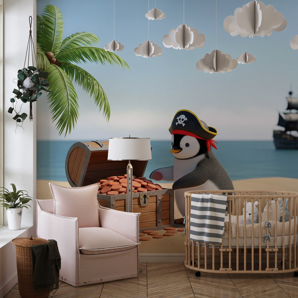 Tropical pirate penguin wallpaper creating adventurous nursery decor with treasure chest and palm trees