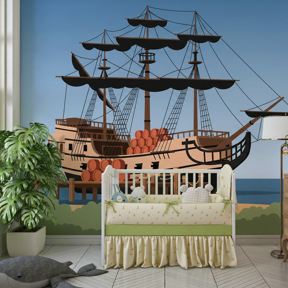 Maritime adventure wallpaper creating pirate themed playroom atmosphere for children