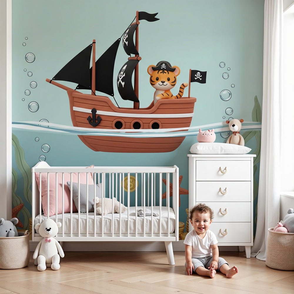 Pirate tiger mural wallpaper in modern nursery with ocean adventure theme by Kids-Mundo