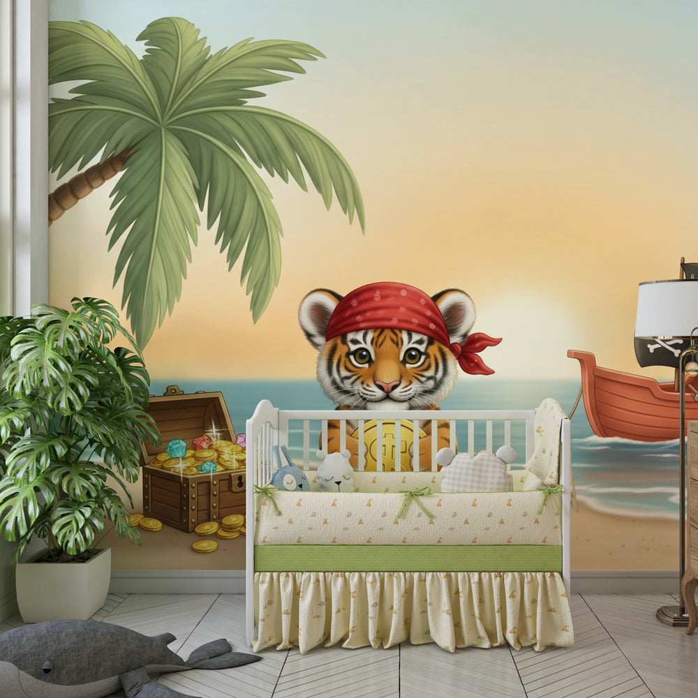Adventure-themed tiger pirate wallpaper creating magical nursery decor with treasure theme