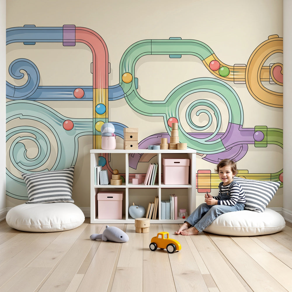 Playful circuit mural wallpaper creating dynamic racing theme in modern kids nursery by Kids-Mundo