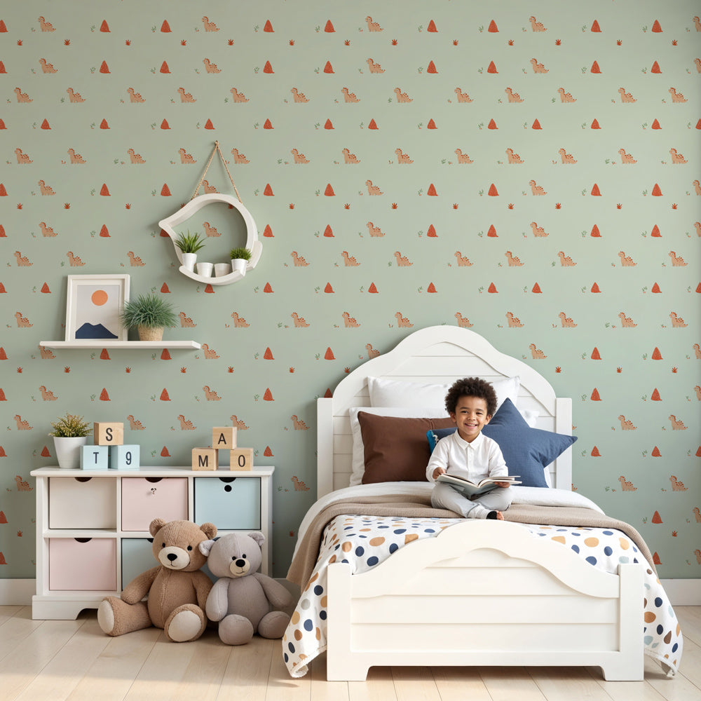 Playful creatures mural wallpaper decorating modern nursery with wooden furniture by Kids-Mundo