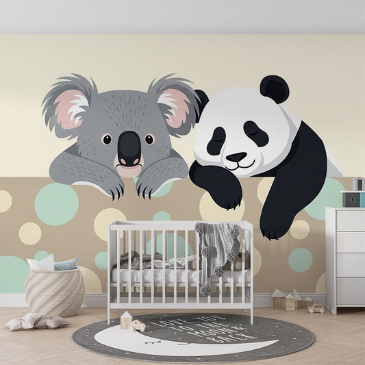 Kids-Mundo koala and panda wall mural styled in a kids bedroom, adding a playful tan and mint design.