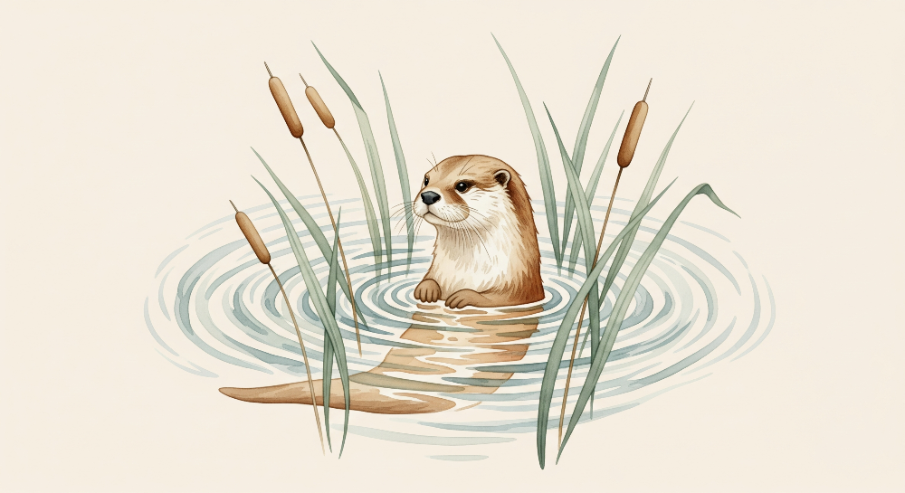 Kids-Mundo hand-painted otter and reeds wall mural artwork in soft watercolour tones