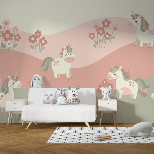 Kids-Mundo spotted unicorn hills wall mural covering a feature wall in a kids bedroom