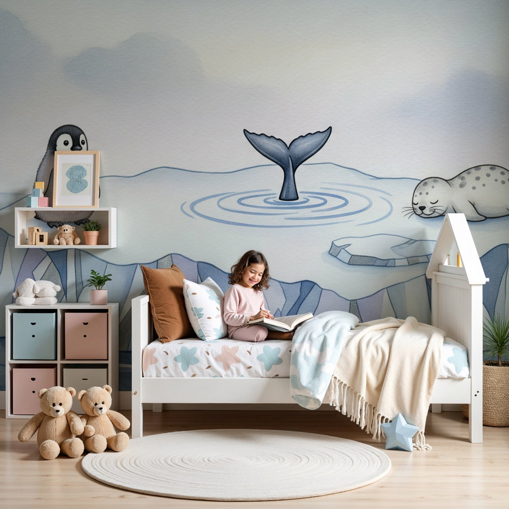 Polar adventure mural wallpaper with penguin and seal in modern nursery by Kids-Mundo