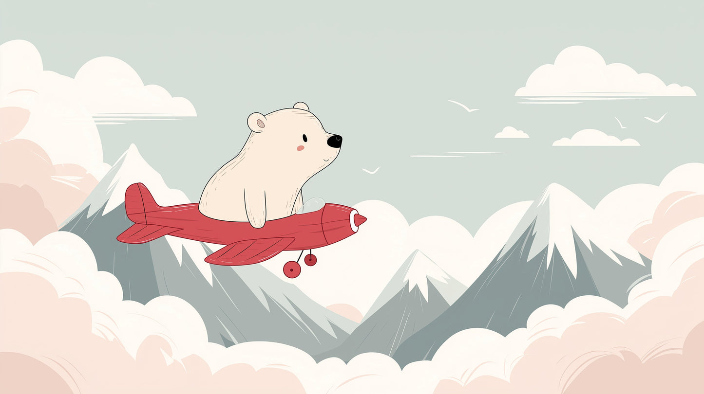 Detailed polar bear airplane mural wallpaper design pattern with clouds and mountains by Kids-Mundo