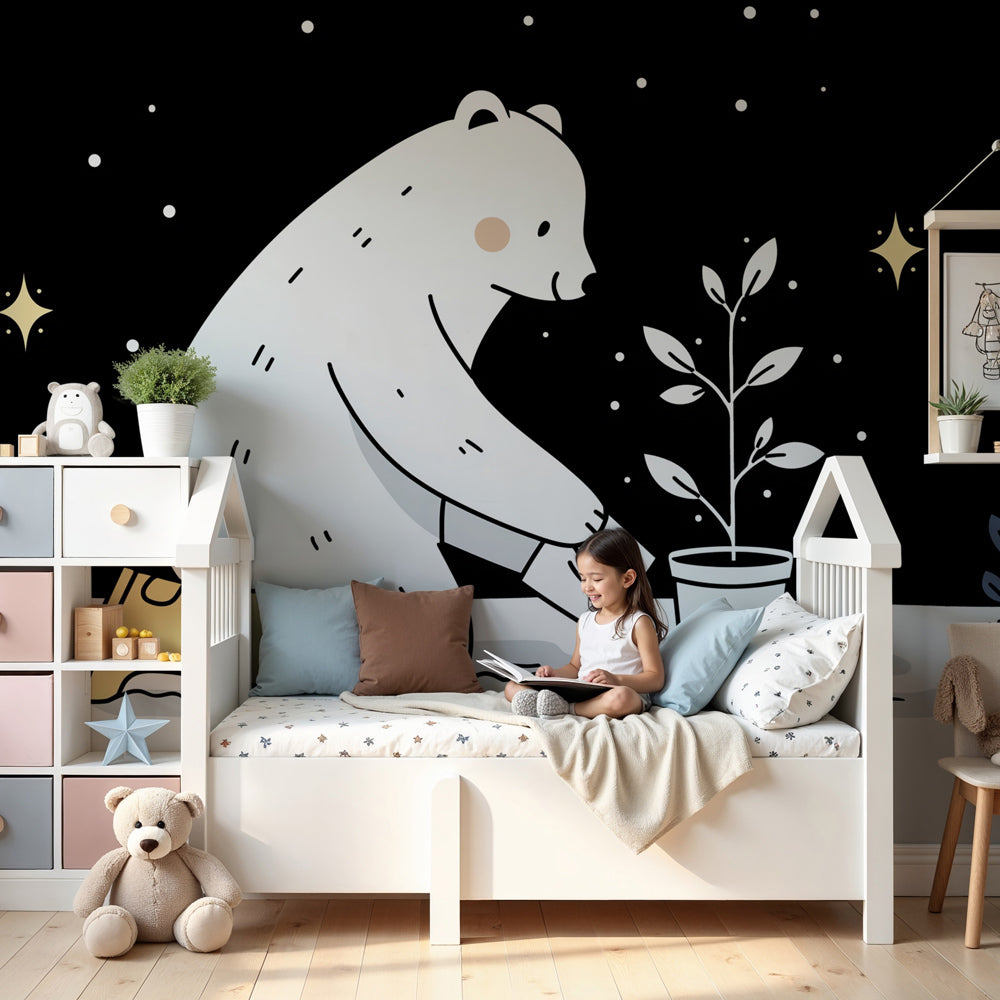 Polar bear gardening mural wallpaper creating magical nursery atmosphere by Kids-Mundo