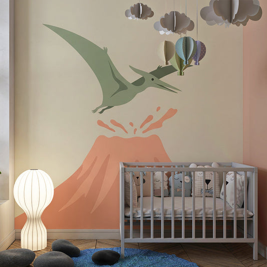 Kids-Mundo dinosaur wall mural with a flying pterodactyl in an adventurous kids bedroom
