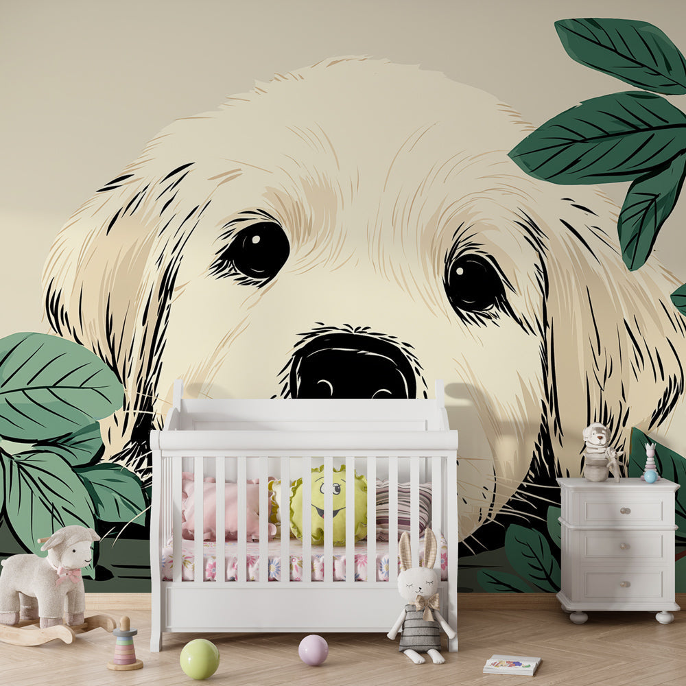 Adorable dog mural wallpaper creating cozy atmosphere in children's bedroom with natural decor